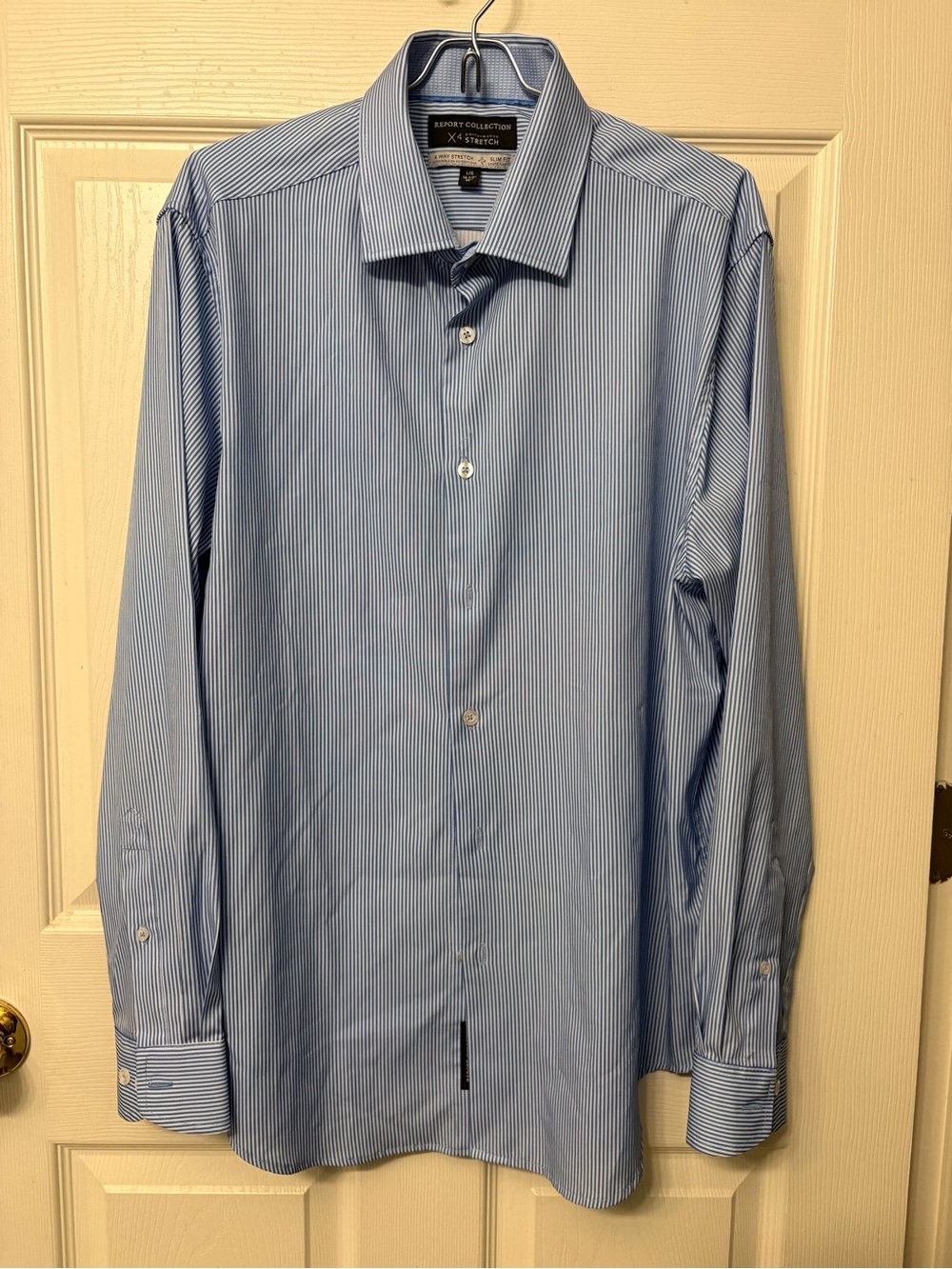 Report Collection Premium Performance X4 Slim Fit Dress Shirt Blue Stripe Large
